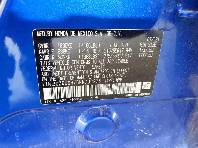 2022 Honda Hr-v მანქანა იყიდება აუქციონზე, vin: 3CZRU6H76NM702225, აუქციონის ნომერი: 67416256