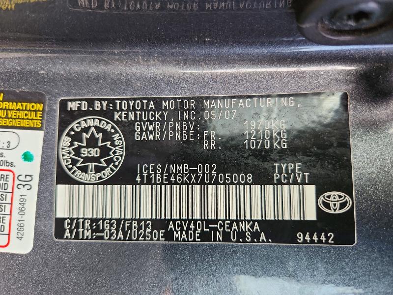Продажа на аукционе авто 2007 Toyota Camry, vin: 4T1BE46KX7U705008, номер лота: 66999166