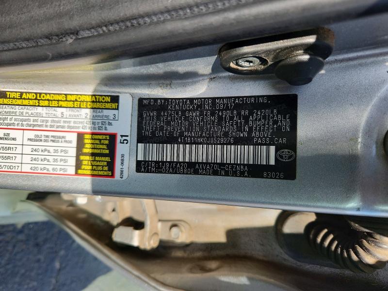 2018 Toyota Camry მანქანა იყიდება აუქციონზე, vin: 4T1B11HK0JU529276, აუქციონის ნომერი: 69847036