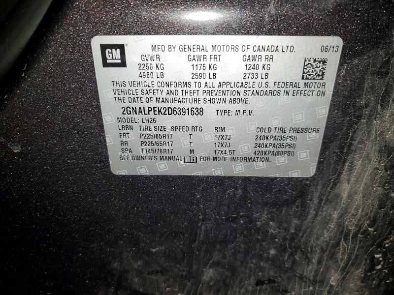 67504176 :رقم المزاد ، 2GNALPEK2D6391638 vin ، 2013 Chevrolet Equinox مزاد بيع