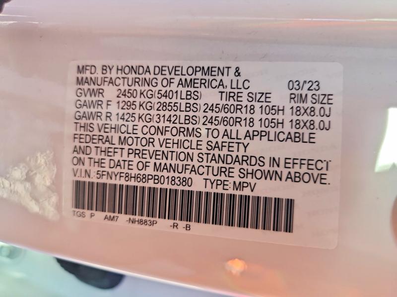 67672236 :رقم المزاد ، 5FNYF8H68PB018380 vin ، 2023 Honda Passport مزاد بيع