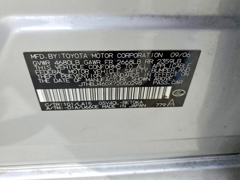 Aukcja sprzedaży 2007 Lexus Es, vin: JTHBJ46GX72060298, numer aukcji: 68384606