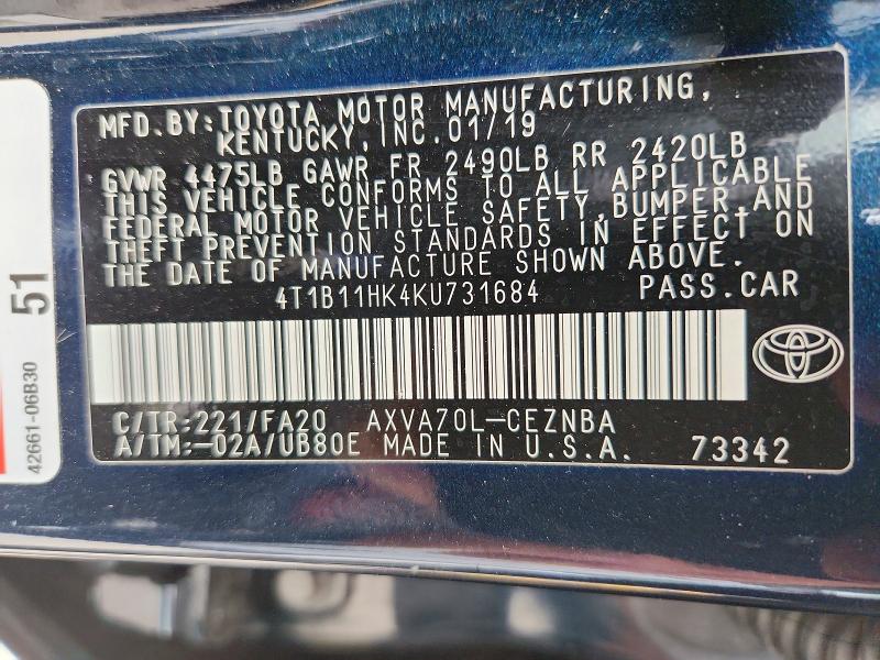 Auction sale of the 2019 Toyota Camry, vin: 4T1B11HK4KU731684, lot number: 70431706