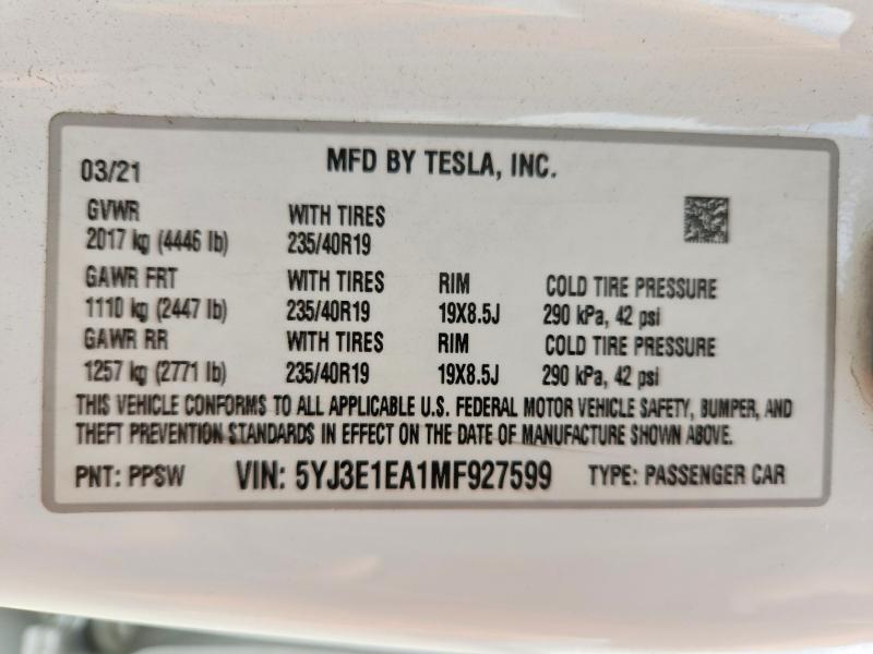Aukcja sprzedaży 2021 Tesla Model 3, vin: 5YJ3E1EA1MF927599, numer aukcji: 69609366