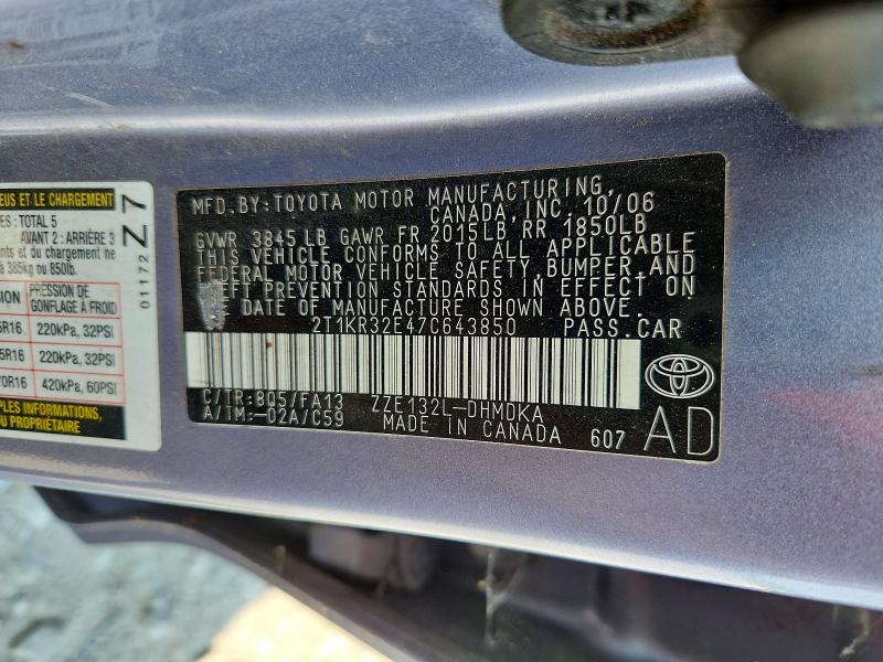 2007 Toyota Matrix მანქანა იყიდება აუქციონზე, vin: 2T1KR32E47C643850, აუქციონის ნომერი: 67919896