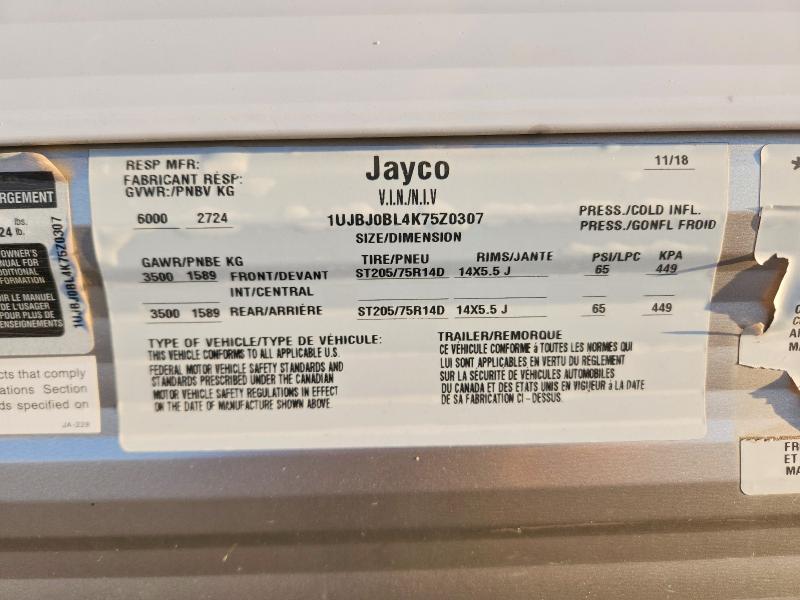 2019 Jayco 2112qbw მანქანა იყიდება აუქციონზე, vin: 1UJBJ0BL4K75Z0307, აუქციონის ნომერი: 68791276