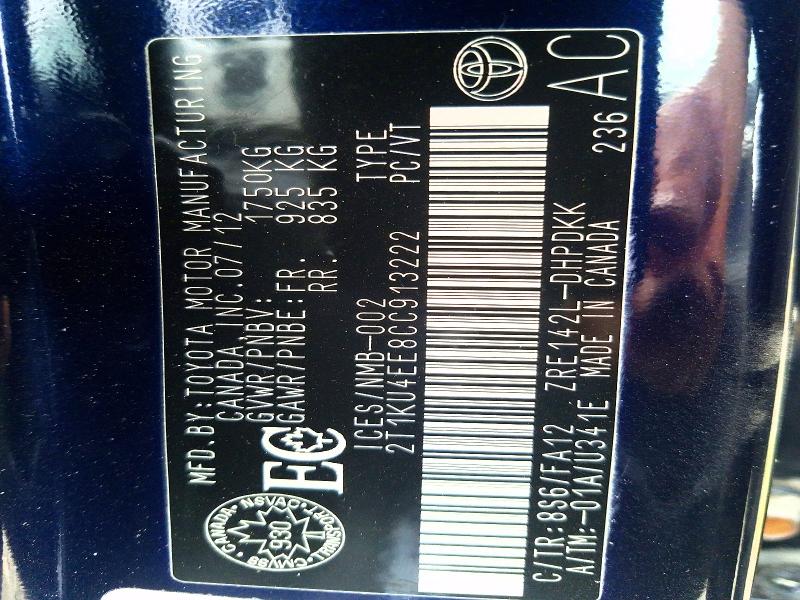 67955346 :رقم المزاد ، 2T1KU4EE8CC913222 vin ، 2012 Toyota Matrix مزاد بيع