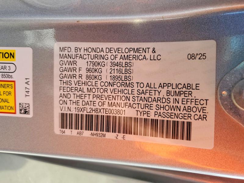 2026 Honda Civic მანქანა იყიდება აუქციონზე, vin: 19XFL2H8XTE003801, აუქციონის ნომერი: 68423546
