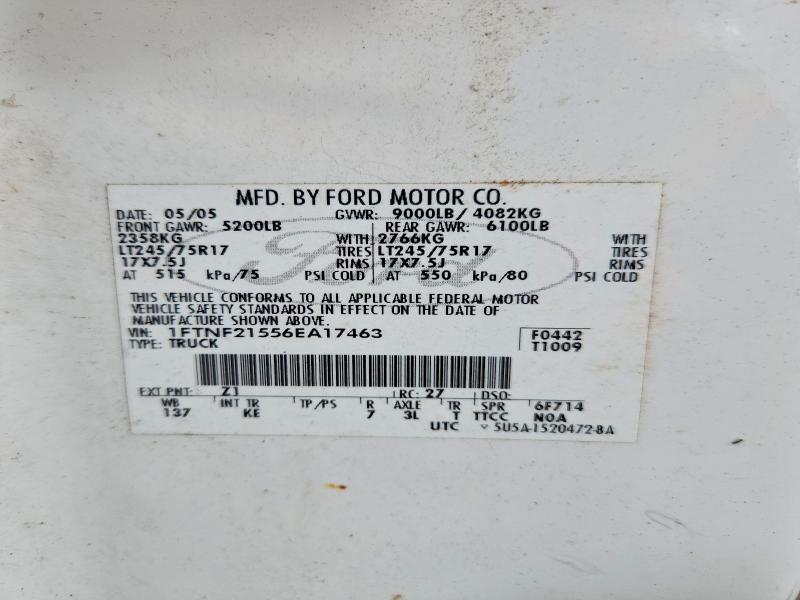 2006 Ford F250 მანქანა იყიდება აუქციონზე, vin: 1FTNF21556EA17463, აუქციონის ნომერი: 69228806