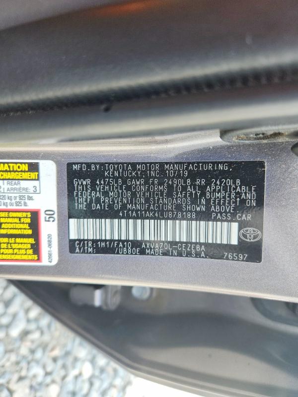 2020 Toyota Camry მანქანა იყიდება აუქციონზე, vin: 4T1A11AK4LU878188, აუქციონის ნომერი: 68509166