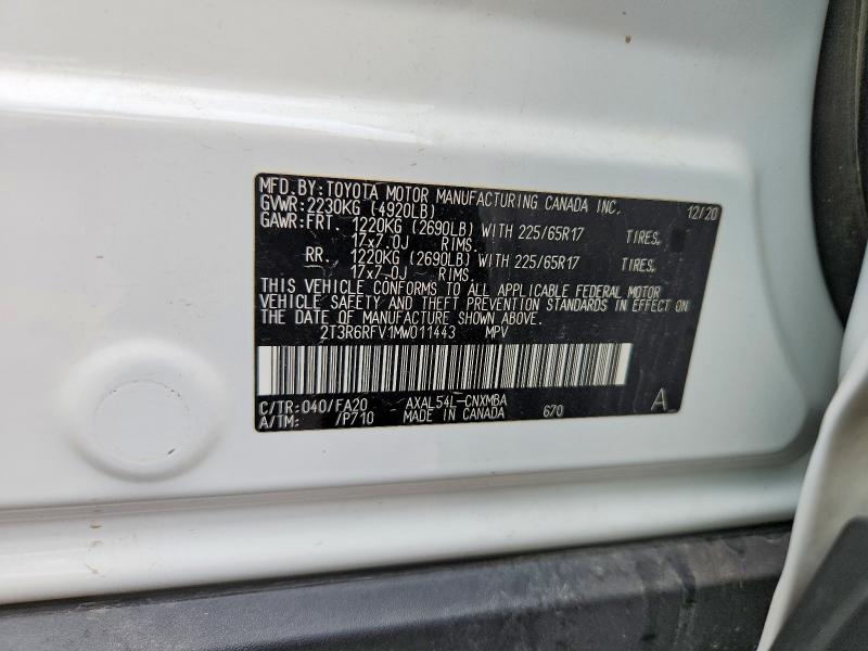 Aukcja sprzedaży 2021 Toyota Rav4 Hybrid, vin: 2T3R6RFV1MW011443, numer aukcji: 67716486
