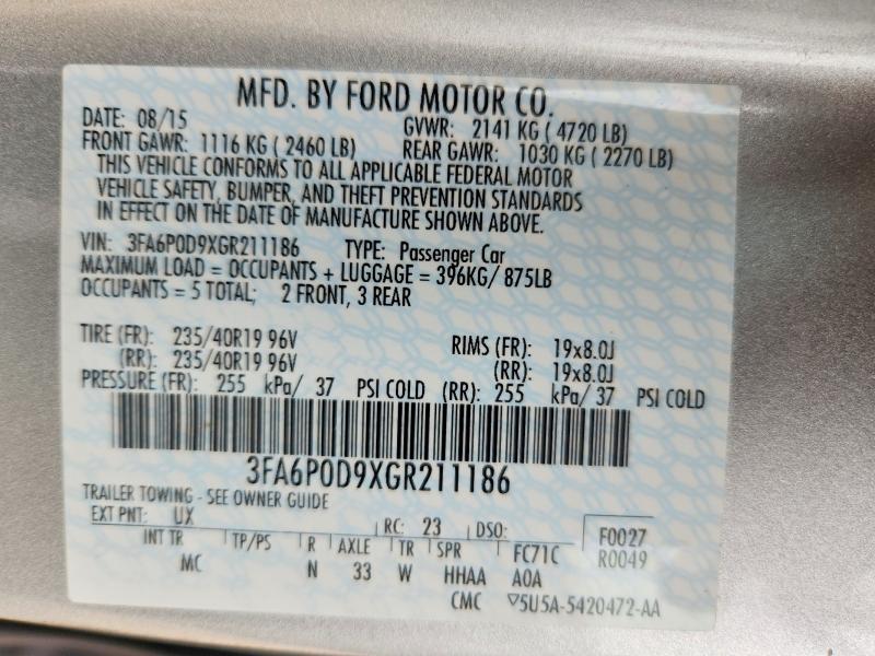 Продаж на аукціоні авто 2016 Ford Fusion, vin: 3FA6P0D9XGR211186, номер лоту: 67725876