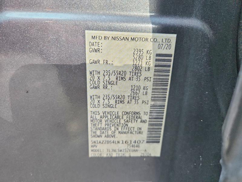 2020 Nissan Murano მანქანა იყიდება აუქციონზე, vin: 5N1AZ2DS4LN161407, აუქციონის ნომერი: 69381286