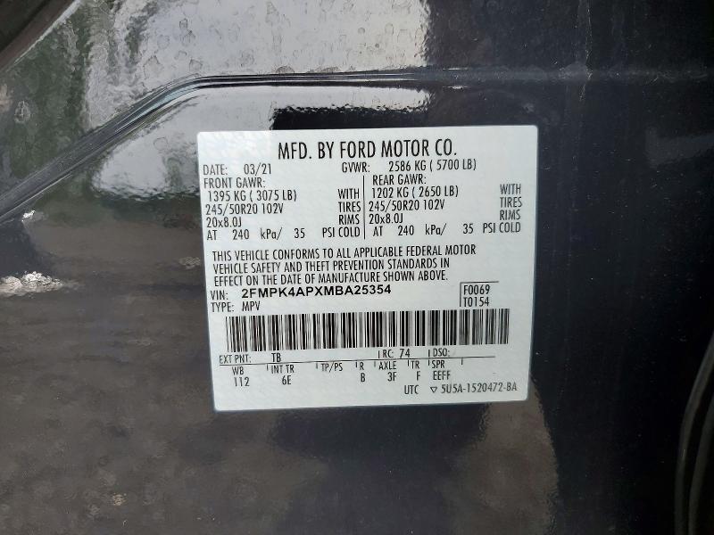 2021 Ford Edge მანქანა იყიდება აუქციონზე, vin: 2FMPK4APXMBA25354, აუქციონის ნომერი: 67304246