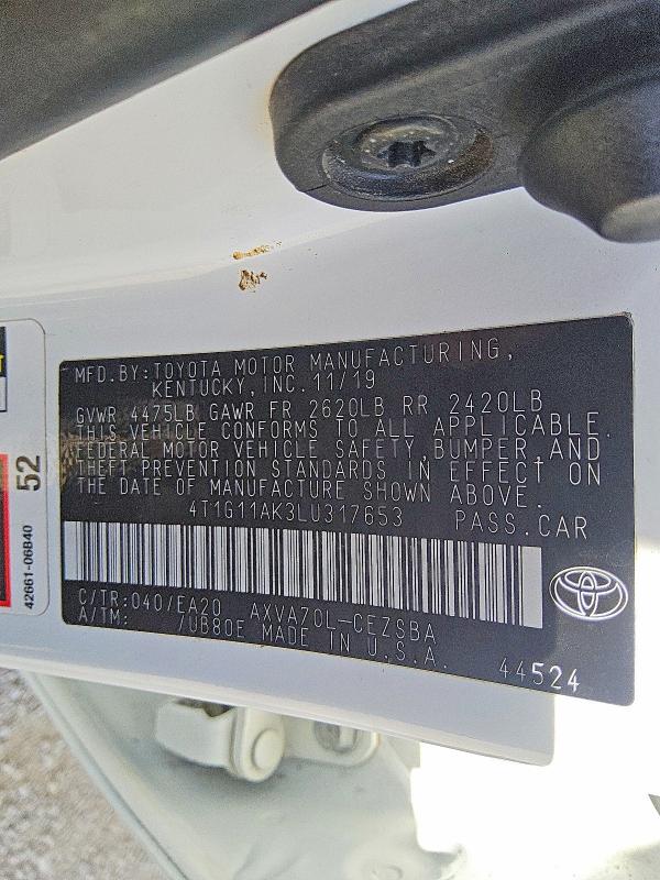 Продажа на аукционе авто 2020 Toyota Camry, vin: 4T1G11AK3LU317653, номер лота: 62853546