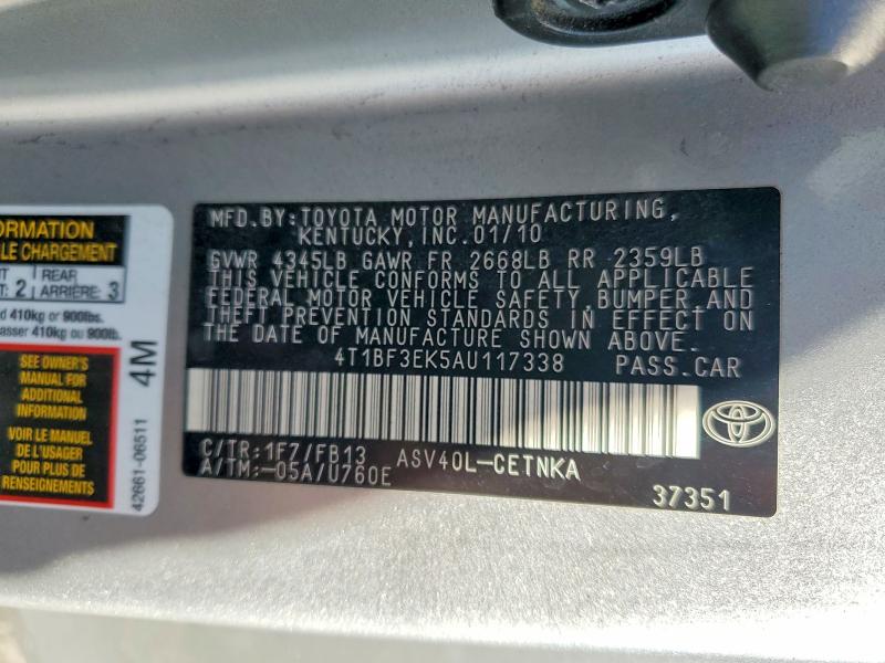 2010 Toyota Camry მანქანა იყიდება აუქციონზე, vin: 4T1BF3EK5AU117338, აუქციონის ნომერი: 67537636