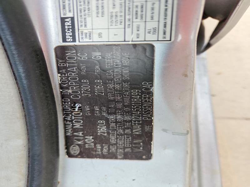 70161576 :رقم المزاد ، KNAFE121455118499 vin ، 2005 Kia Spectra Lx/ex/sx مزاد بيع