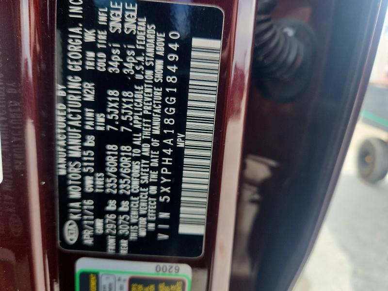 Aukcja sprzedaży 2016 Kia Sorento, vin: 5XYPH4A18GG184940, numer aukcji: 68375076