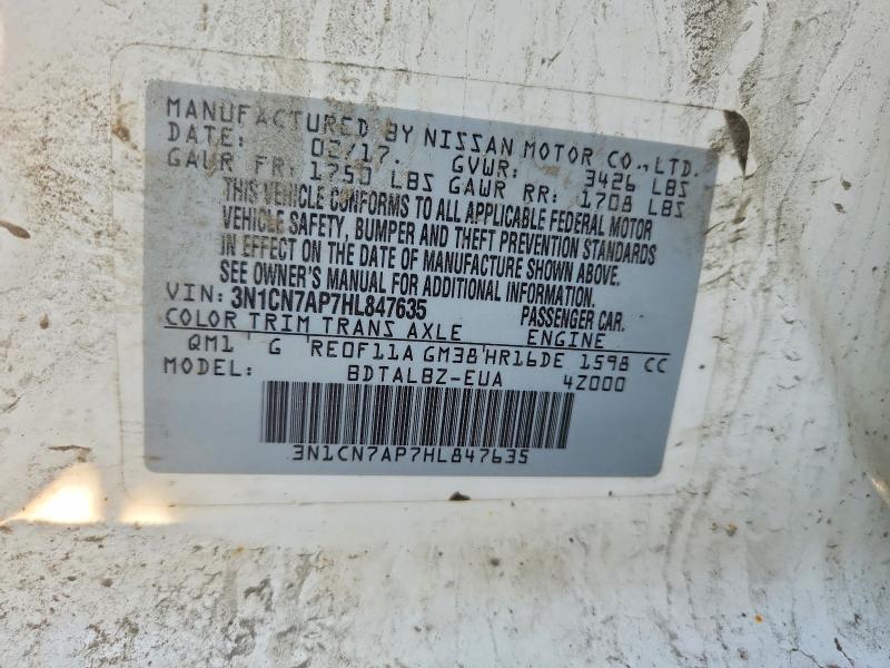 2017 Nissan Versa მანქანა იყიდება აუქციონზე, vin: 3N1CN7AP7HL847635, აუქციონის ნომერი: 68218526