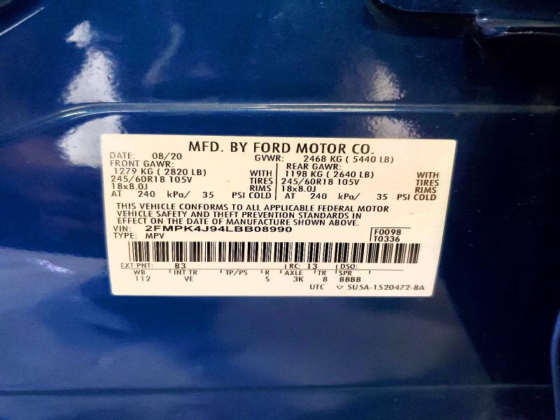 68299246 :رقم المزاد ، 2FMPK4J94LBB08990 vin ، 2020 Ford Edge مزاد بيع