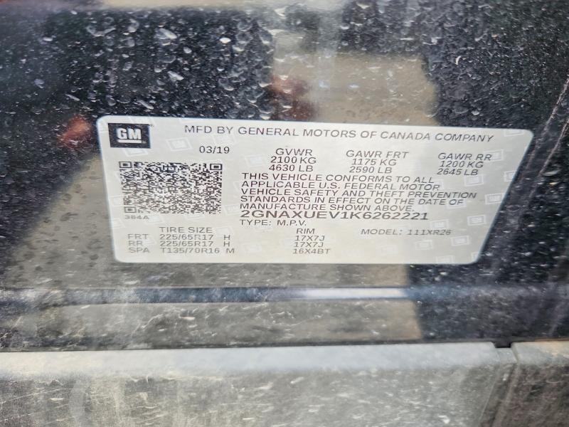 Aukcja sprzedaży 2019 Chevrolet Equinox, vin: 2GNAXUEV1K6262221, numer aukcji: 70222496