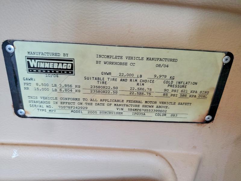 Продаж на аукціоні авто 2005 Winnebago Suncruiser, vin: 5B4MP67G553399602, номер лоту: 68405956