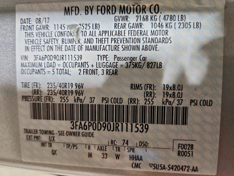 2018 Ford Fusion მანქანა იყიდება აუქციონზე, vin: 3FA6P0D90JR111539, აუქციონის ნომერი: 69003876