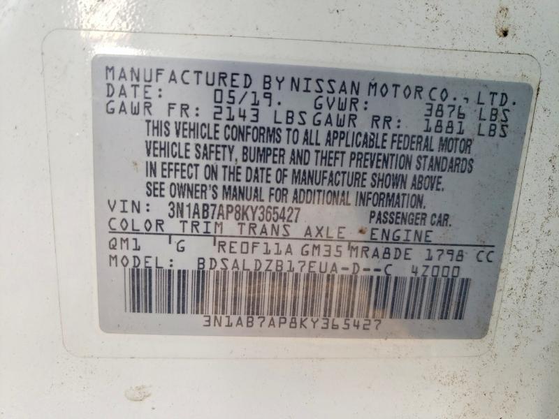 2019 Nissan Sentra მანქანა იყიდება აუქციონზე, vin: 3N1AB7AP8KY365427, აუქციონის ნომერი: 69575636