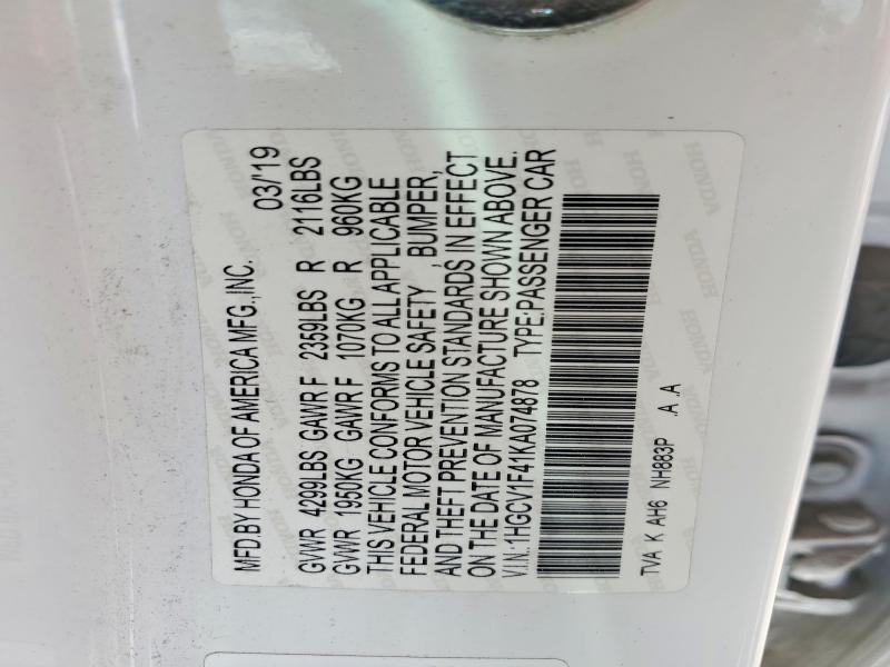 67881526 :رقم المزاد ، 1HGCV1F41KA074878 vin ، 2019 Honda Accord مزاد بيع