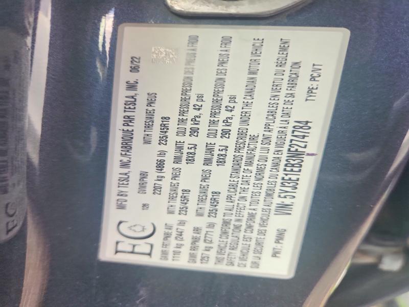 67933876 :رقم المزاد ، 5YJ3E1EB3NF274784 vin ، 2022 Tesla Model 3 مزاد بيع