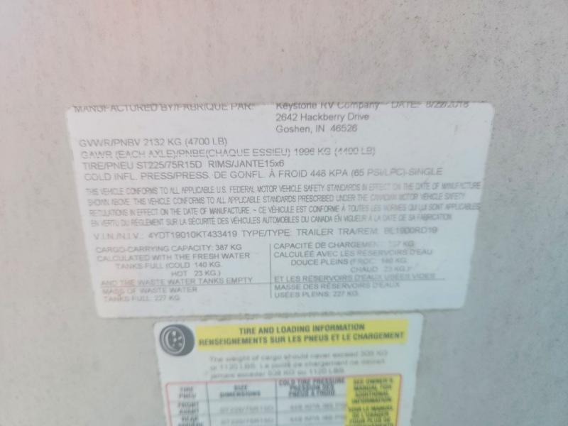 66602226 :رقم المزاد ، 4YDT19010KT433419 vin ، 2019 Keystone Rv Trailers مزاد بيع