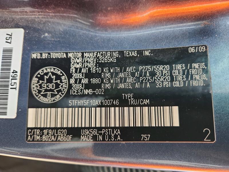 Продаж на аукціоні авто 2010 Toyota Tundra, vin: 5TFHY5F10AX100746, номер лоту: 69649616