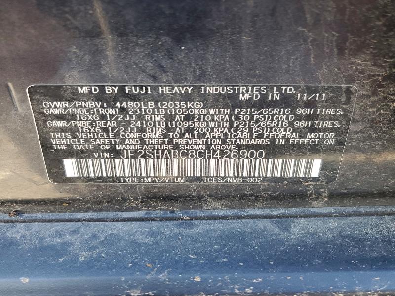 68664166 :رقم المزاد ، JF2SHABC8CH426900 vin ، 2012 Subaru Forester مزاد بيع