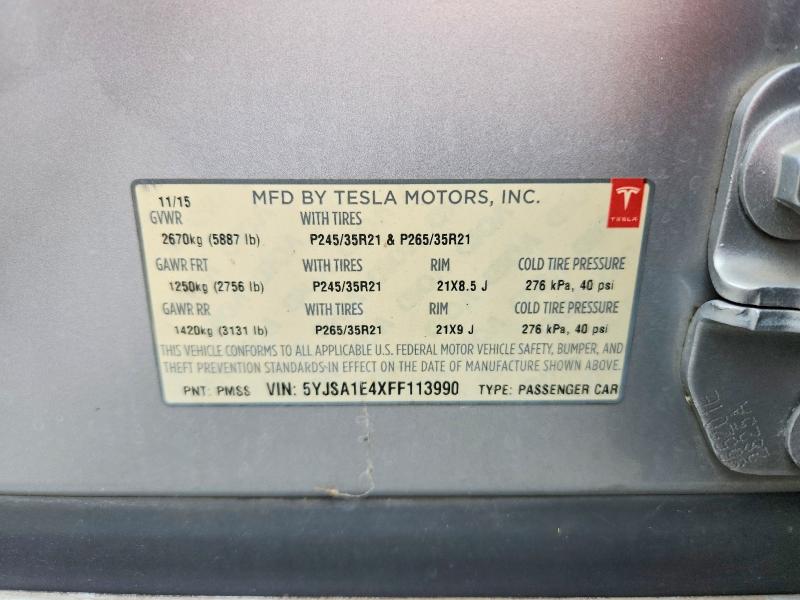 2015 Tesla Model S მანქანა იყიდება აუქციონზე, vin: 5YJSA1E4XFF113990, აუქციონის ნომერი: 70014306