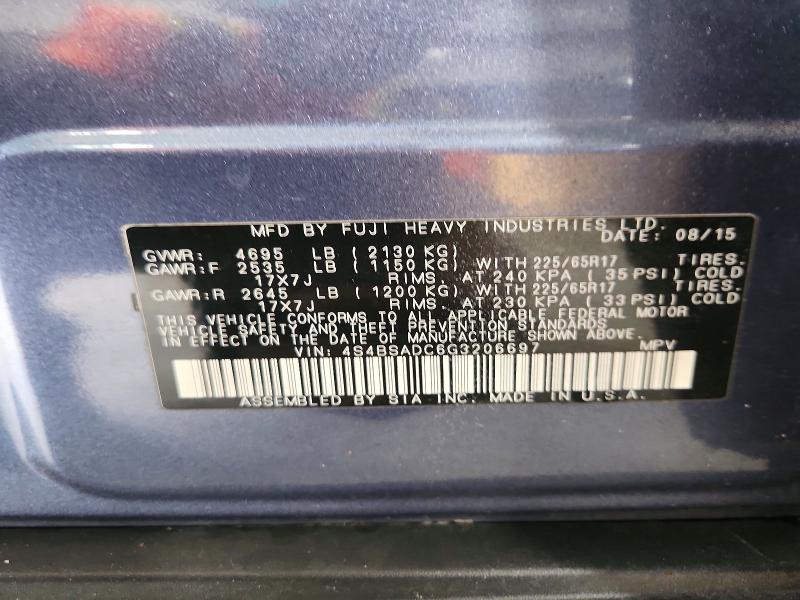 2016 Subaru Outback მანქანა იყიდება აუქციონზე, vin: 4S4BSADC6G3206697, აუქციონის ნომერი: 71148476
