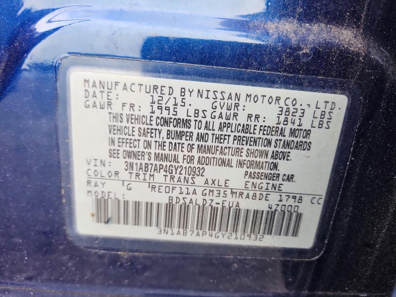 2016 Nissan Sentra მანქანა იყიდება აუქციონზე, vin: 3N1AB7AP4GY210932, აუქციონის ნომერი: 69456346