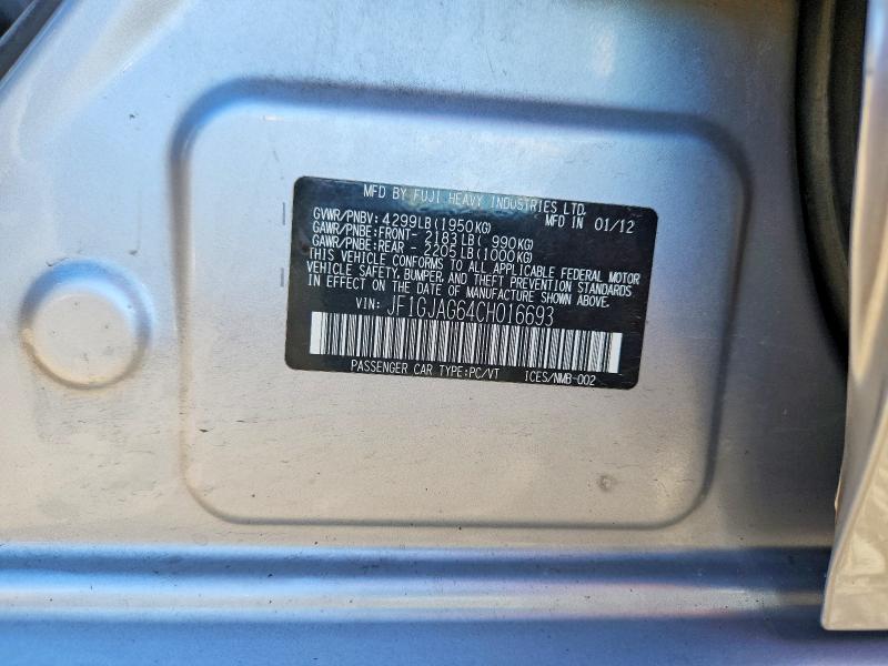 69561016 :رقم المزاد ، JF1GJAG64CH016693 vin ، 2012 Subaru Impreza مزاد بيع