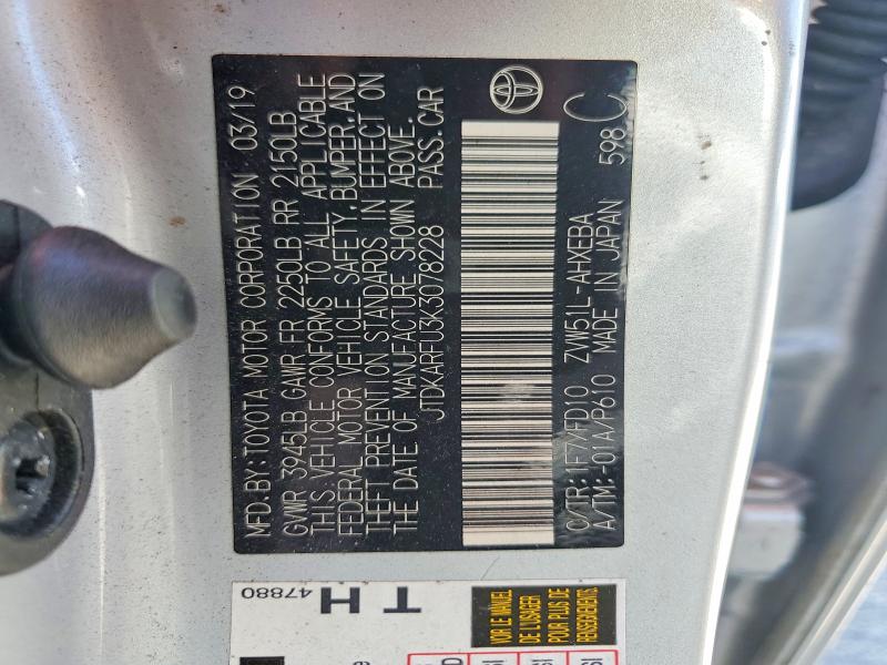 68610016 :رقم المزاد ، JTDKARFU3K3078228 vin ، 2019 Toyota Prius مزاد بيع