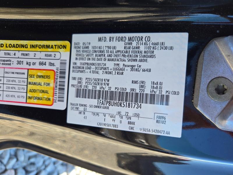 70775776 :رقم المزاد ، 1FATP8UH0K5181734 vin ، 2019 Ford Mustang مزاد بيع
