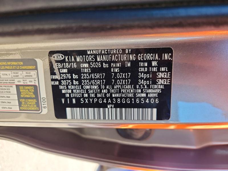 69053506 :رقم المزاد ، 5XYPG4A38GG165406 vin ، 2016 Kia Sorento مزاد بيع