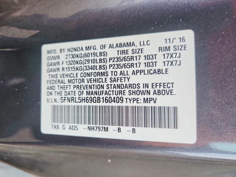 Aukcja sprzedaży 2016 Honda Odyssey, vin: 5FNRL5H69GB160409, numer aukcji: 69202206