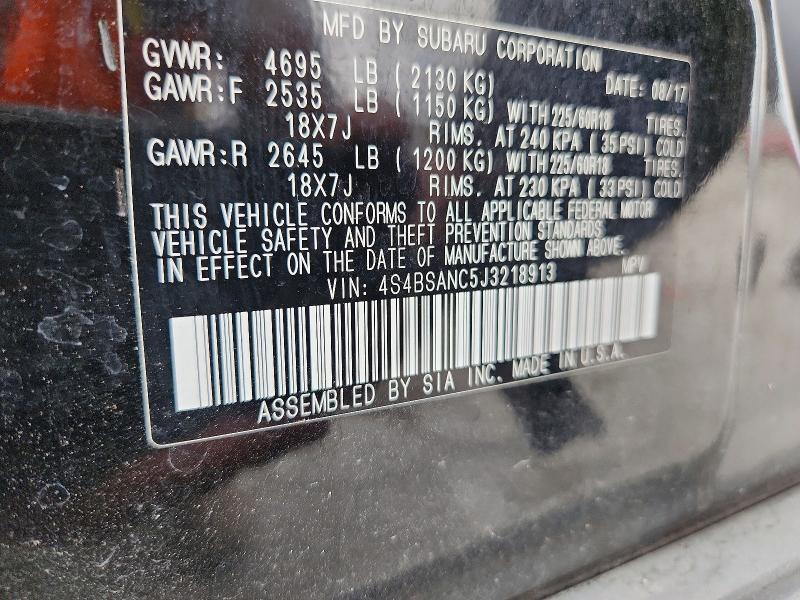 2018 Subaru Outback მანქანა იყიდება აუქციონზე, vin: 4S4BSANC5J3218913, აუქციონის ნომერი: 69972556