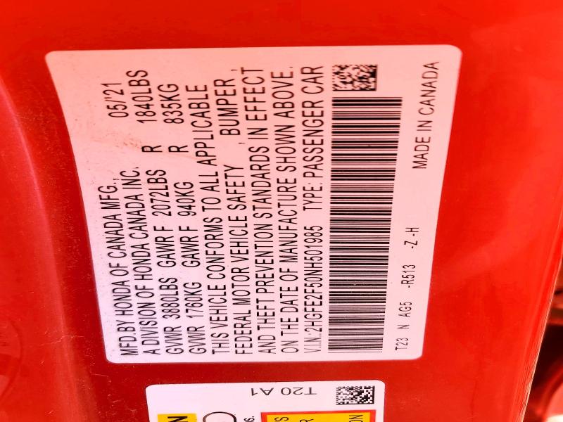 2022 Honda Civic მანქანა იყიდება აუქციონზე, vin: 2HGFE2F50NH501985, აუქციონის ნომერი: 69204186