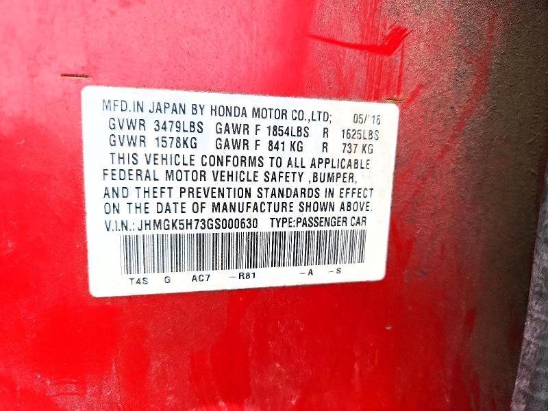 2016 Honda Fit მანქანა იყიდება აუქციონზე, vin: JHMGK5H73GS000630, აუქციონის ნომერი: 69802326