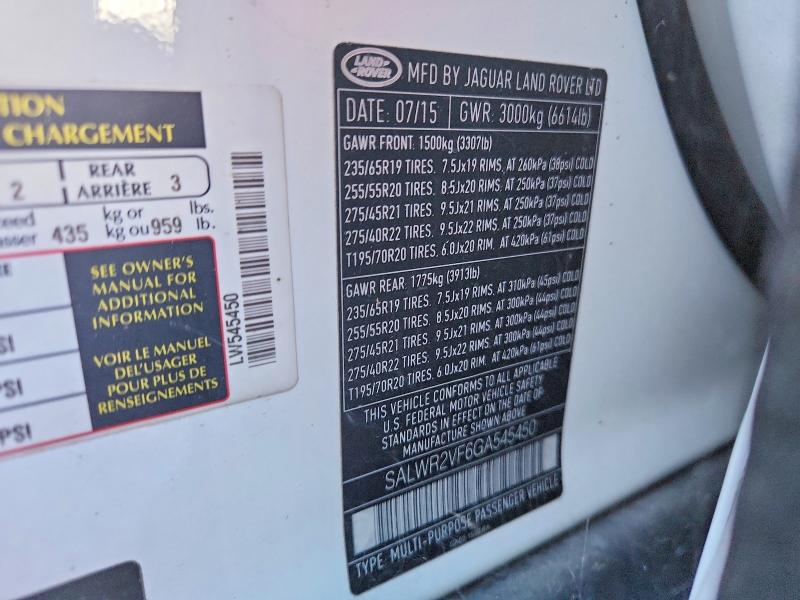 Aukcja sprzedaży 2016 Land Rover Range Rover Sport, vin: SALWR2VF6GA545450, numer aukcji: 67255116