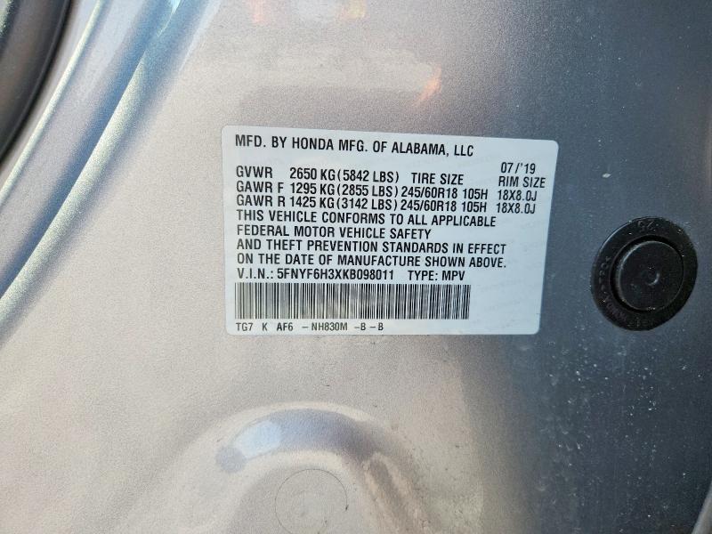 Aukcja sprzedaży 2019 Honda Pilot, vin: 5FNYF6H3XKB098011, numer aukcji: 68172326