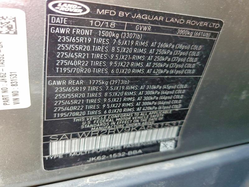 Aukcja sprzedaży 2019 Land Rover Range Rover Sport, vin: SALWR2RV9KA831531, numer aukcji: 69164016