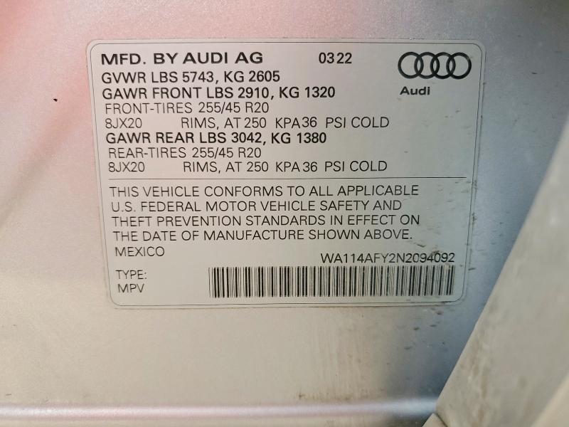 Aukcja sprzedaży 2022 Audi Sq5, vin: WA114AFY2N2094092, numer aukcji: 70511646