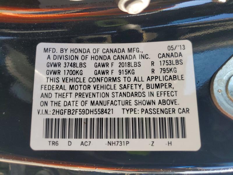 2013 Honda Civic მანქანა იყიდება აუქციონზე, vin: 2HGFB2F59DH558421, აუქციონის ნომერი: 69959996
