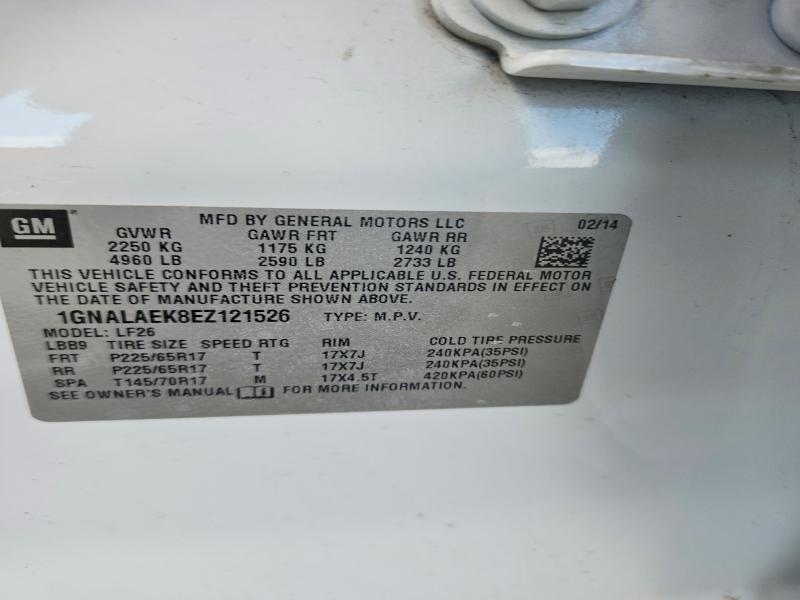 70281096 :رقم المزاد ، 1GNALAEK8EZ121526 vin ، 2014 Chevrolet Equinox مزاد بيع